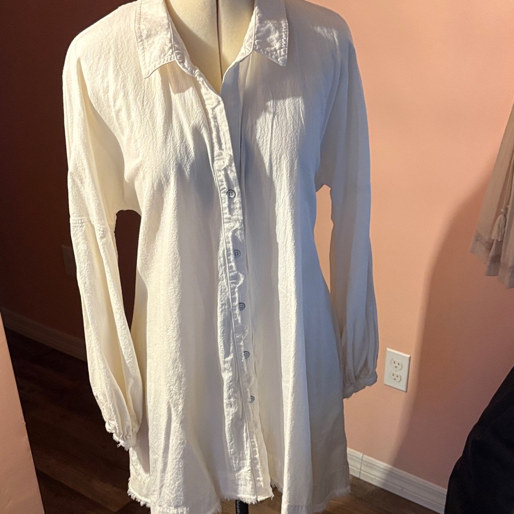 Free People Cream Button-Down Long Sleeve Shirt